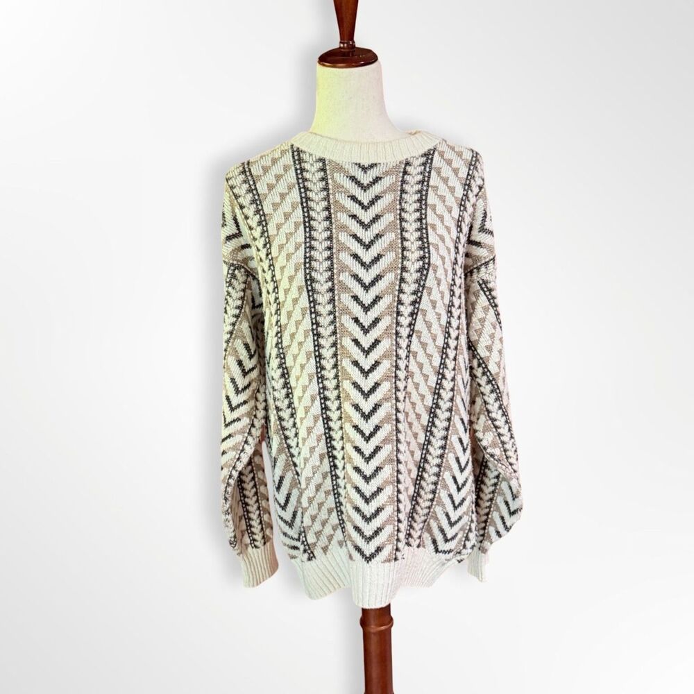 Vintage 80s 90s Cream Beige Geometric 100% Cotton Sweater, Men's L Grandpacore